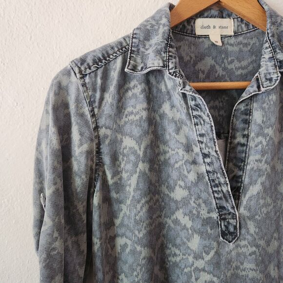 Anthro Cloth & Stone Camo Ikat Chambray Tunic Shirt Dress Tencel Roll Tab XS - Picture 5 of 9
